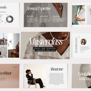 May include: A presentation slide deck with a beige background and black text. The title slide reads "Masterclass" with the tagline "Unlock your potential, transform your life". The slide also includes a pearl necklace and the text "FORGEFORWARD Julia Malote".