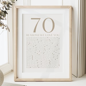 70 raisons pour lesquelles nous vous aimons - Poster imprimable, cadeau unique pour 60 ans, cadeau d'anniversaire pour 50 ans, décoration artistique personnalisée pour fête d'anniversaire des 70 ans