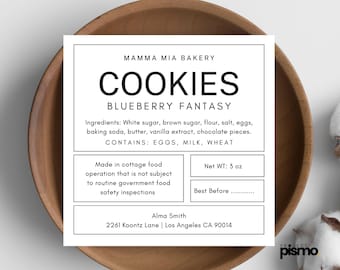 Minimalistisk etikett för hembakade varor, etikettmall för husmanskost på Canva, ingredienslista för cupcakes, utskrivbar information om allergener för livsmedelslicens