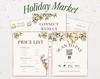 May include: A collection of signs for a holiday market, featuring a price list for candles, wax melts, and room sprays. Other signs say "Connect With Us" and "Scan to Pay". The signs have a floral design and a deer illustration.
