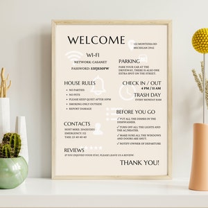 one page template for welcome sign with all the info for your guests, airbnb welcome sign, vacation rental poster, vrbo signagne with house rules, wifi password, check in and contact details