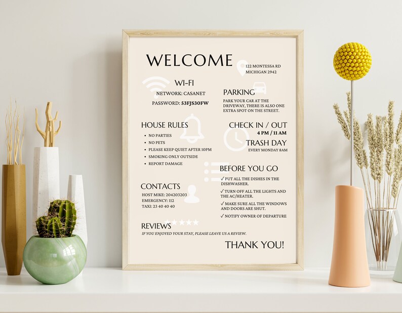 one page template for welcome sign with all the info for your guests, airbnb welcome sign, vacation rental poster, vrbo signagne with house rules, wifi password, check in and contact details