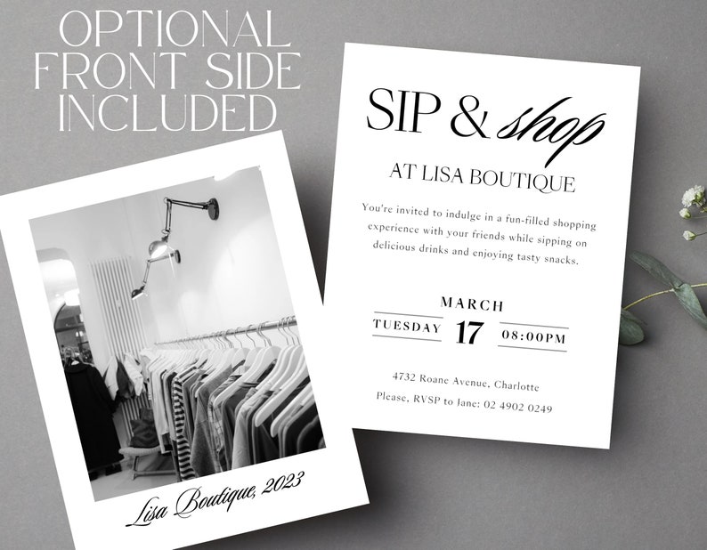 May include: A black and white photograph of a clothing store interior with rails of clothes on hangers. The text "Lisa Boutique, 2023" is at the bottom of the photo. A white invitation with black text reads "SIP & shop AT LISA BOUTIQUE" with details about a shopping event on March 17th at 8:00 PM. The address is 4732 Roane Avenue, Charlotte. The invitation instructs guests to RSVP to 02 4902 0249.