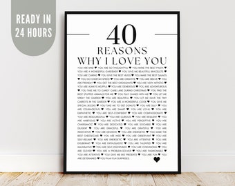 Personalized gift - READY IN 24H, 40 Reasons why I love you, 35 anniversary decor, Printable poster with all the things I love about you