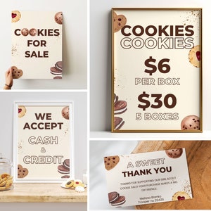 Girl Scout Cookie Sales Sign Bundle, bearbeitbare Vorlage für Cookie Booth, Girl Scout Cookie Bestellkarte, Truppe Thank You Tag, Booth Banner