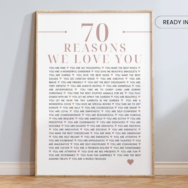 70 Reasons why we love you, 70th Birthday gift for grandma, 80 Things we love about you wall art, Anniversary gift, Custom printable poster