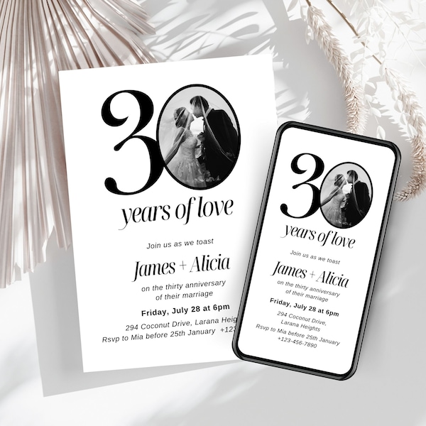 30th Wedding Anniversary Invitation, Elegant Anniversary Photo Invitation Template, Editable, with Photo, Marriage 30 Years of Love Card