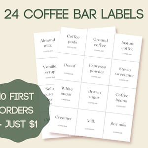 coffee bar labels, coffee station stickers for containers, coffee flavor syrup, tea cocoa bar, elegant airbnb, coffee shop, instant download