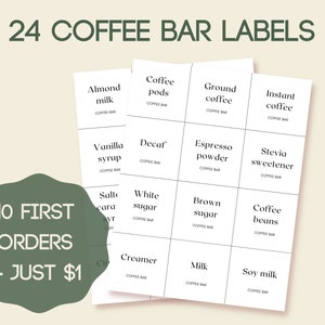 rótulos de cafeterias, adesivos de estação de café para recipientes, xarope com sabor de café, barra de chá e cacau, airbnb elegante, cafeteria, download instantâneo