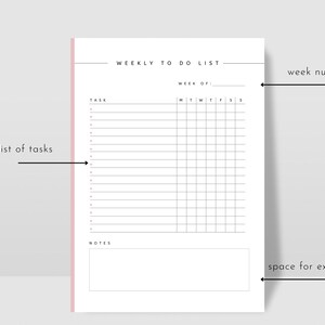 May include: A black and white weekly to-do list printable with a space for a week number, a list of tasks, and a section for notes. The list is divided into days of the week, Monday through Sunday.