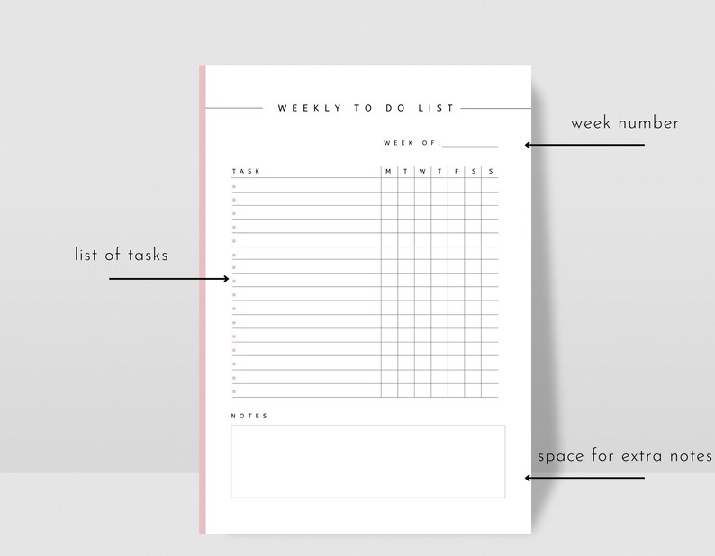May include: A black and white weekly to-do list printable with a space for a week number, a list of tasks, and a section for notes. The list is divided into days of the week, Monday through Sunday.