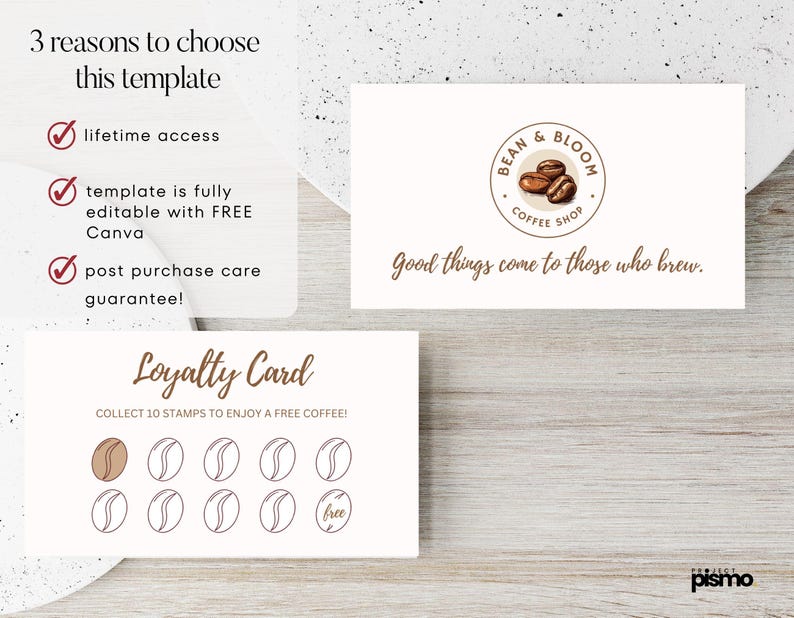 May include: A loyalty card template for a coffee shop called "Bean & Bloom Coffee Shop". The card has a brown coffee bean design and the text "Good things come to those who brew." The card is designed to be used as a loyalty program for customers to collect stamps and earn a free coffee.