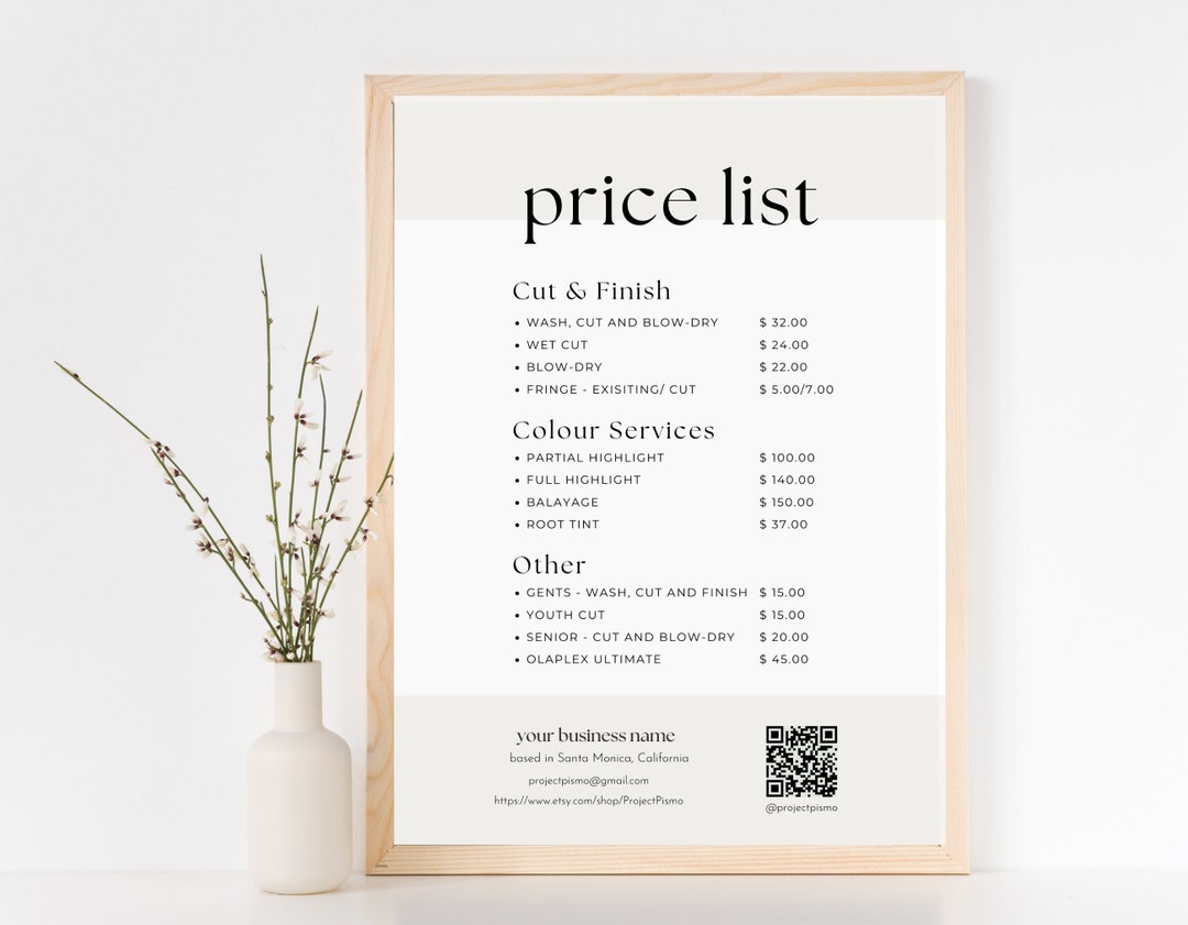 Hairdresser Price List, Beauty Bar Menu, Editable Template for Price