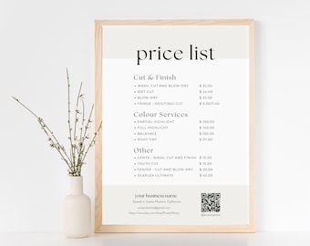 hairdresser price list, beauty bar menu, editable template for price guide for hair salon, printable price sheet, pricing list modern look