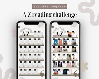 May include: A digital phone screen displaying a reading challenge list. The list is organized alphabetically from A to Z. Each letter has a blank space for a book title. The screen is white with black text and a brown background.