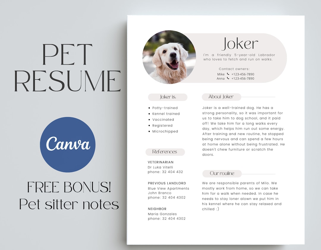 Pet Bio Resume, Renting Dog Profile, Foster Cat Bio, About My Pet