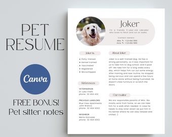 Pet Bio Resume, Renting Dog Profile, Foster Cat Bio, About My Pet Template, Dog Cv Editable, Sitters, Boarding Kennels, Traveling, Grooming