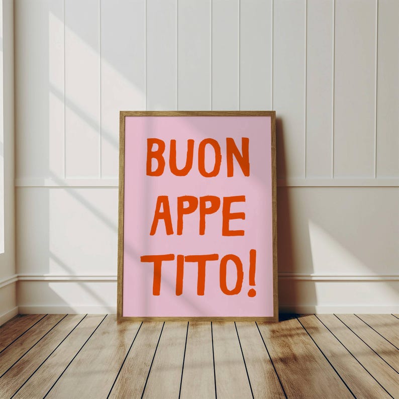 Buon Appetito! Print, PRINTABLE Poster Pink Orange Decor, Italian Quote