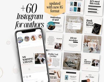 May include: A collection of 60 Instagram post templates for authors, featuring a variety of designs with text such as "My Writing Update", "Reading List", "Book Cover Reveal", "Title Reveal in 08 days", and "Join My Newsletter".