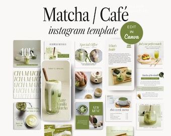 May include: A digital Instagram template with a Matcha and Café theme. The design features various layouts with images of matcha drinks, food, and text. The color palette includes shades of green and white, with text overlays.