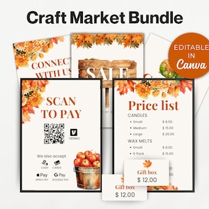 Peut inclure: Un ensemble de panneaux imprimables Craft Market Bundle avec des illustrations de feuilles et de fleurs d'automne. Le kit comprend un panneau Scan to Pay avec QR code, une liste de prix pour bougies et fondants, et des étiquettes de cadeaux.