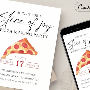 Plantilla editable de invitación a fiesta de pizza, rebanada de alegría, descarga instantánea, invitación de pizza personalizada imprimible, plantilla Canva, noche de pizza DIY