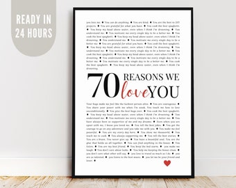 Personalized gift - READY IN 24H, 70 Reasons we love you, 70th mum celebration decor, Printable poster with all the things we love about you