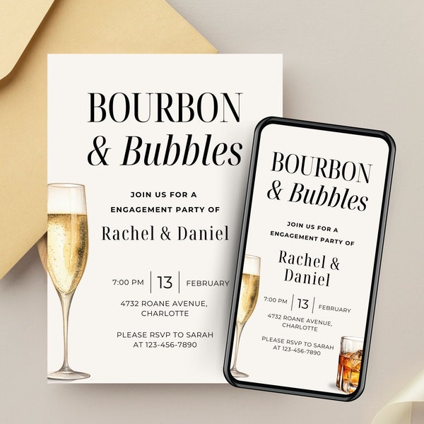 Bourbon and Bubbles Couples Shower - Invitation Template, Editable Invite for Engagement Party,  Elegant Engagement Party Invite Canva W24