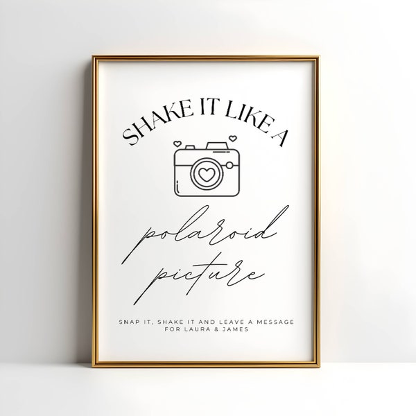 Shake It Like a Polaroid Picture Sign Template, Minimalist Modern Wedding, Editable Printable Polaroid Photo Guestbook Sign, Elegant W01