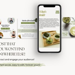 Pode incluir: Um modelo de postagem de marketing digital para um evento de degusta&ccedil;&atilde;o de ch&aacute; matcha. O modelo apresenta um esquema de cores verde e branco com texto que diz "Matcha do m&ecirc;s", "O que est&aacute; dentro", "Degusta&ccedil;&atilde;o de matcha, mas fa&ccedil;a com que seja elegante" e "Publique isso, voc&ecirc; n&atilde;o encontrar&aacute; em nenhum outro lugar!" O modelo tamb&eacute;m inclui imagens de ch&aacute; matcha, p&oacute; de matcha e uma pessoa segurando uma x&iacute;cara de ch&aacute; matcha.