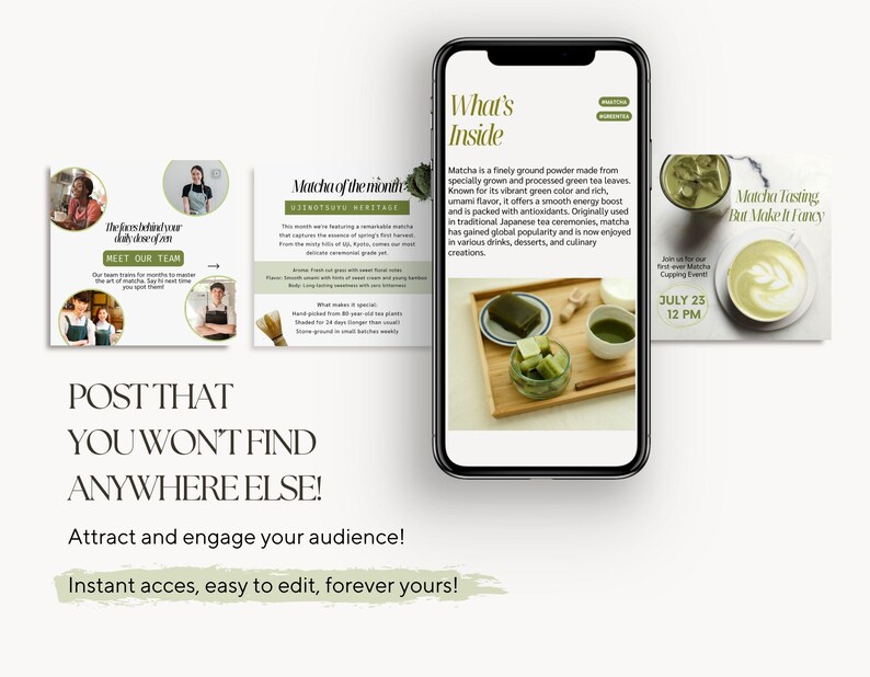 Pode incluir: Um modelo de postagem de marketing digital para um evento de degusta&ccedil;&atilde;o de ch&aacute; matcha. O modelo apresenta um esquema de cores verde e branco com texto que diz "Matcha do m&ecirc;s", "O que est&aacute; dentro", "Degusta&ccedil;&atilde;o de matcha, mas fa&ccedil;a com que seja elegante" e "Publique isso, voc&ecirc; n&atilde;o encontrar&aacute; em nenhum outro lugar!" O modelo tamb&eacute;m inclui imagens de ch&aacute; matcha, p&oacute; de matcha e uma pessoa segurando uma x&iacute;cara de ch&aacute; matcha.