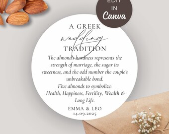 Editable Greek Wedding Favor Tag: Koufeta Almond Tradition Circle Card (Digital Download), Jordan Almond Wedding Tradition