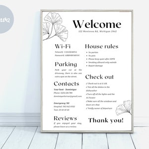 szablon znaku powitalnego na wynajem krótkoterminowy, duży plakat z zasadami domu, hasło do wifi, informacje o wymeldowaniu, minimalne zameldowanie w vrbo