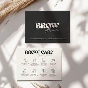 Könnte beinhalten: Zwei Karten mit Informationen zur Augenbrauenpflege. Die obere Karte ist schwarz mit den Worten "BROW aftercare" in Weiß. Die untere Karte ist weiß mit "BROW CARE Your Guide" und Symbolen.