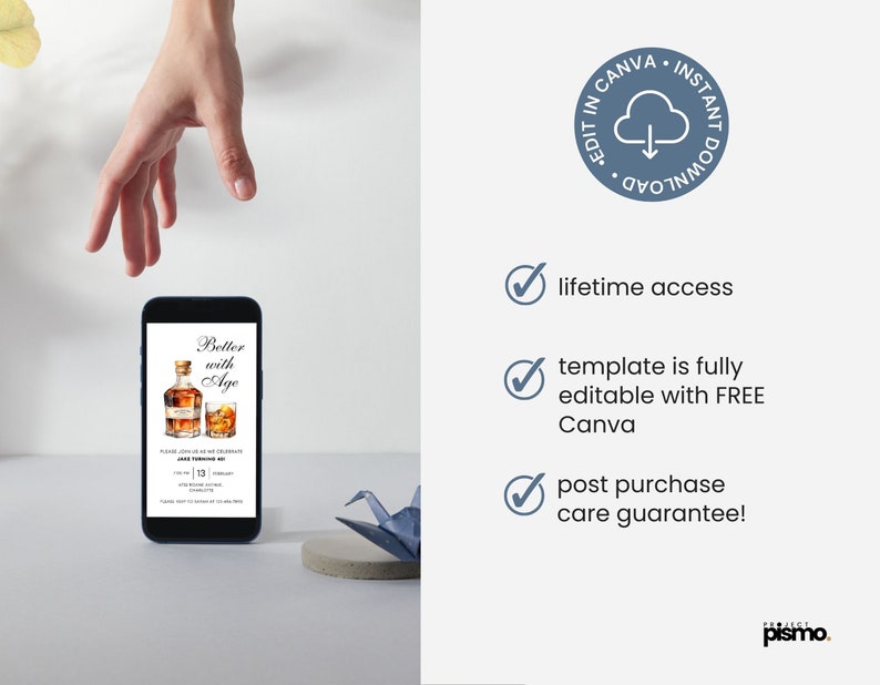 May include: A digital phone screen displaying a printable invitation for a birthday party. The invitation features a watercolor illustration of a bottle of whiskey and a glass of whiskey on the rocks. The text on the invitation reads "Better with Age".