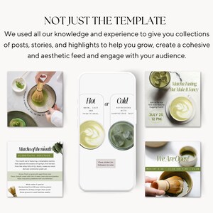 Pode incluir: Uma cole&ccedil;&atilde;o de modelos de postagens de m&iacute;dia social para uma loja de ch&aacute; matcha. Os modelos apresentam imagens de ch&aacute; matcha, lattes de matcha e batedores de matcha. O texto nos modelos inclui "Matcha do m&ecirc;s", "Quente ou frio", "Degusta&ccedil;&atilde;o de matcha" e "Estamos abertos!"