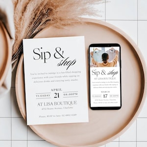 Sip and Shop Invitation Canva Template, Business Sale Event, Shopping Launch Party, Printable Store Flyer, Editable Business Invite Print image 1
