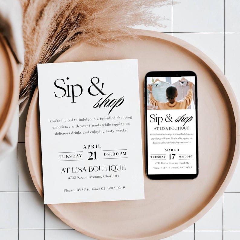 Sip and Shop Invitation Canva Template, Business Sale Event, Shopping Launch Party, Printable Store Flyer, Editable Business Invite Print image 1