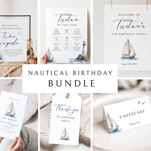 Pacchetto per festa di compleanno in barca a vela, cartello di benvenuto nautico, cartello per traguardo nautico, biglietto per buffet, modello di pacchetto di vela Sail-ebrate 137