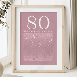 80 raisons pour lesquelles nous vous aimons - affiche prête en 24 h, cadeau personnalisé pour 60 ans, cadeau d'anniversaire pour 50 ans, art déco mémorable pour 80 ans