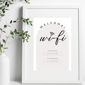 Op de afbeelding: Een ingelijste print met de woorden "WELCOME! wi-fi" in zwart schrift. Daaronder velden voor netwerknaam en wachtwoord. Links een witte vaas met groene takken.