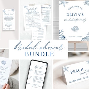 Lot de quelque chose de bleu nuptiale de douche, invitation de enterrement de vie de jeune fille, itinéraire, pack de jeux, panneau de bienvenue - shower de mariage bleu poussiéreux côtier W28