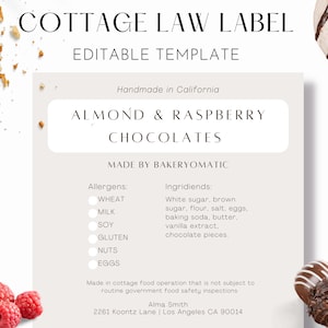 Editable Food Label Template with Cottage Law, Elegant Home Bakery Branding, Custom Small Square Bakery Stickers, Ingredient Allergens Cake