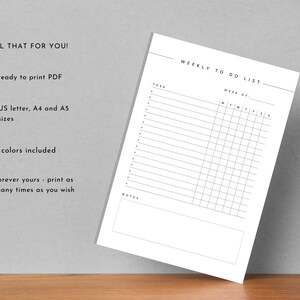 May include: A printable weekly to-do list template with a grid for tasks and days of the week. The template includes a section for notes.  The text "WEEKLY TO DO LIST" and "WEEK OF" are at the top of the page.