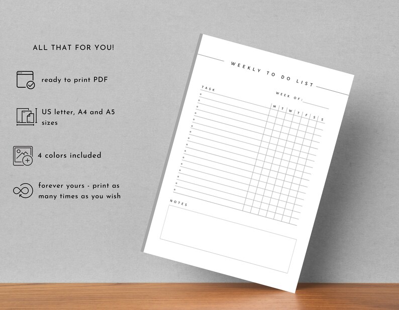 May include: A printable weekly to-do list template with a grid for tasks and days of the week. The template includes a section for notes.  The text "WEEKLY TO DO LIST" and "WEEK OF" are at the top of the page.