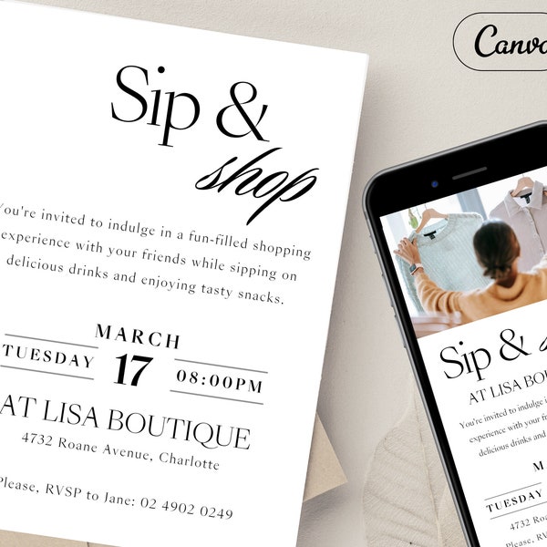 Sip and Shop Invitation Canva Template, Business Sale Event, Shopping Launch Party, Printable Store Flyer, Editable Business Invite Print