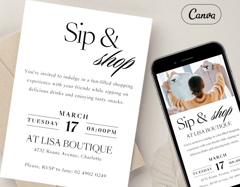 May include: A black and white invitation for a Sip & Shop event at Lisa Boutique on Tuesday, 17th March at 8:00 PM. The event will feature delicious drinks and tasty snacks. The address is 4732 Roane Avenue, Charlotte. RSVP to Jane at 02 4902 0249.