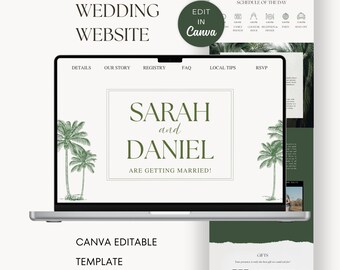 Wedding Website Canva Template, Tropical Wedding Details Page Schedule, Online RSVP,  Beach Wedding Palms Beige Green Cream Elegant