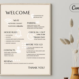 Szablon edytowalny znaku powitalnego Airbnb, plakat przyjazdu gości, wynajem, Vrbo, hasło do Wi-Fi, parking, zasady domu, instrukcje dotyczące wymeldowania,