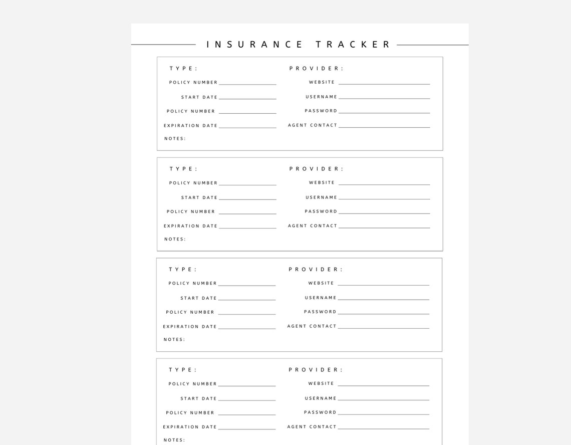 Insurance Tracker Contact List Insurance Info Printable - Etsy